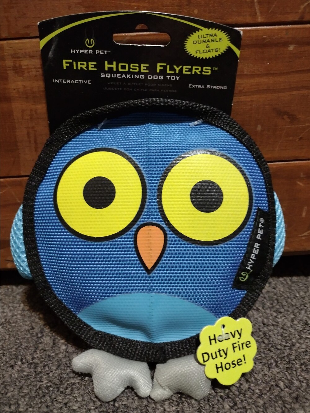 Hyper Pet Blue Owl Fire Hose Flyers Squeaking Dog Toy